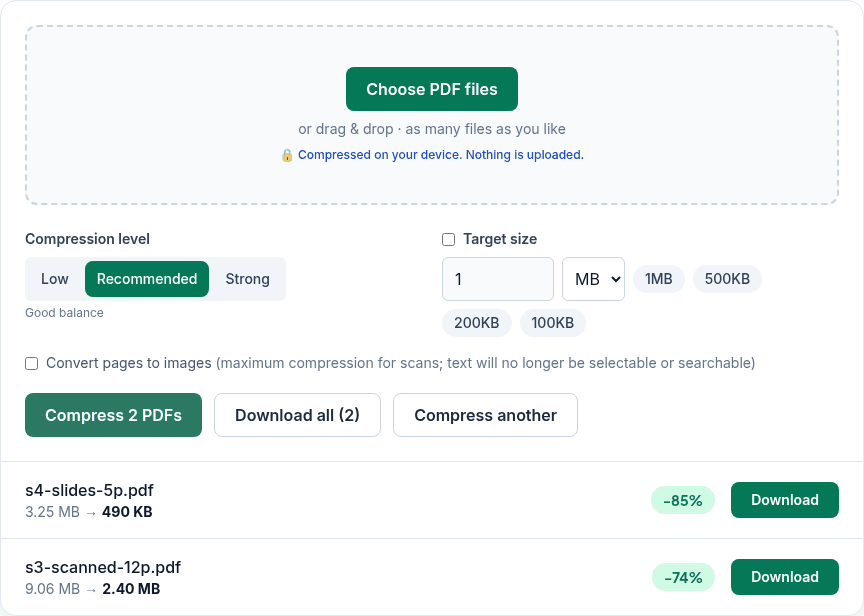 Compress PDF results: a 5-page slide deck from 3.25 MB to 490 KB and a 12-page scan from 9.06 MB to 2.40 MB on Recommended