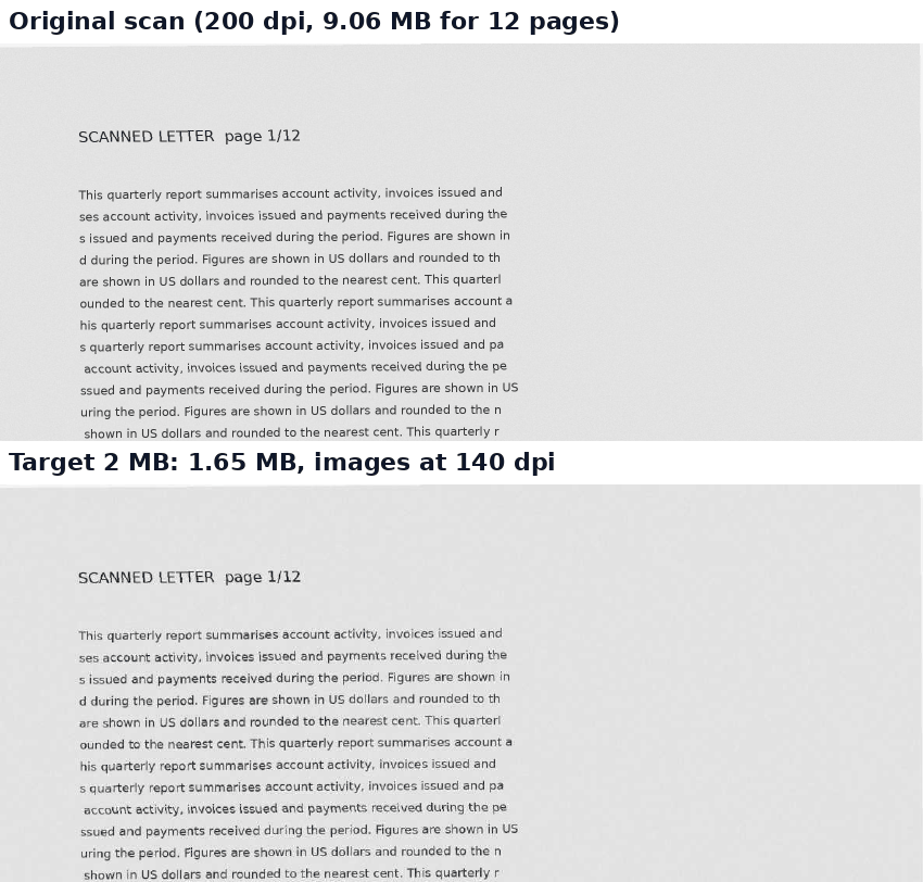 Two crops of the same scanned page, the original at 200 dpi and the 2 MB version at 140 dpi; both are clearly readable