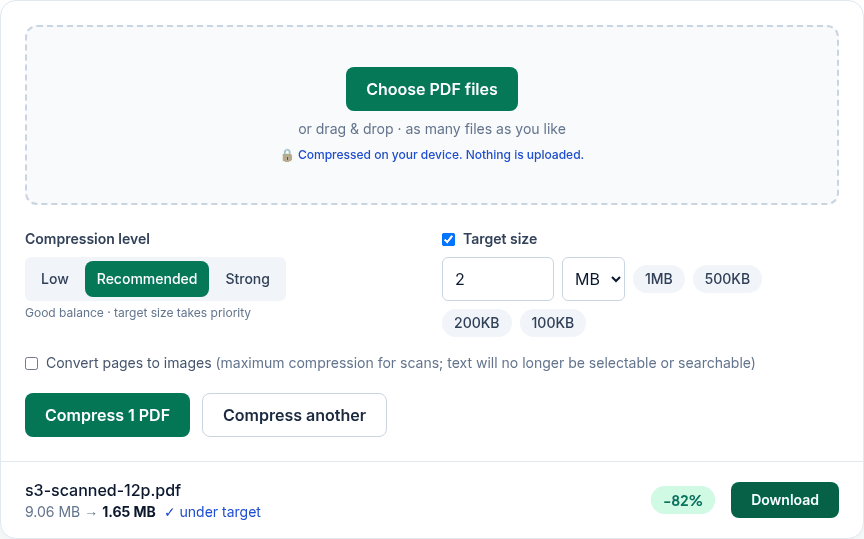 The compress tool with Target size 2 MB, showing a 12-page scan reduced from 9.06 MB to 1.65 MB, marked under target, minus 82 percent