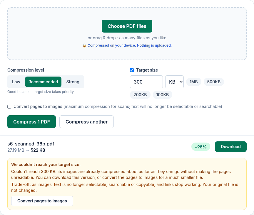 The compress tool with Target size 300 KB, showing a 36-page scan reduced from 27.19 MB to 522 KB with a message that it could not reach the target