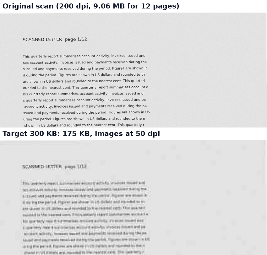 Two crops of the same scanned page, the original at 200 dpi and the 300 KB version at 50 dpi; the heading is readable but the small body text is blurred