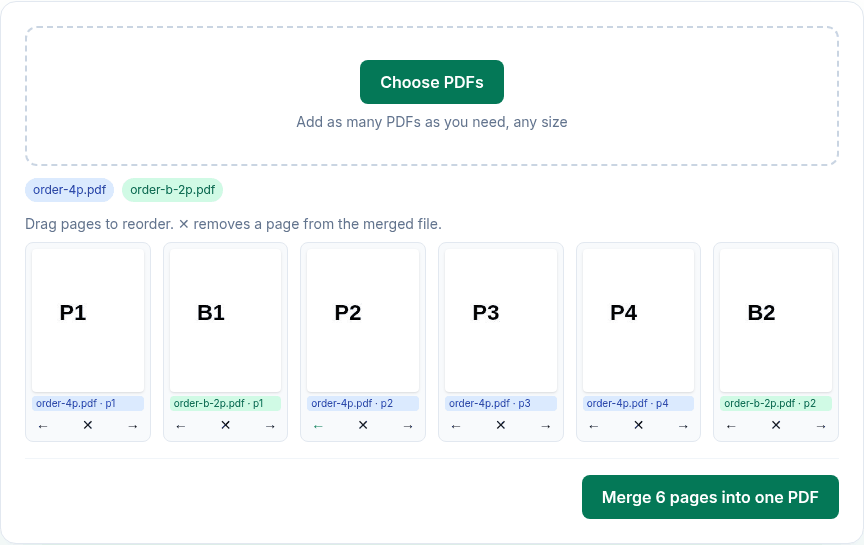 Two PDFs in the Merge tool with a page from the second file moved between pages of the first