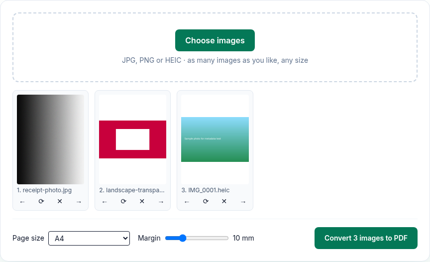 PDFWrangle Image to PDF with receipt-photo.jpg, landscape-transparent.png and IMG_0001.heic loaded, page size A4, margin 10 mm and the "Convert 3 images to PDF" button
