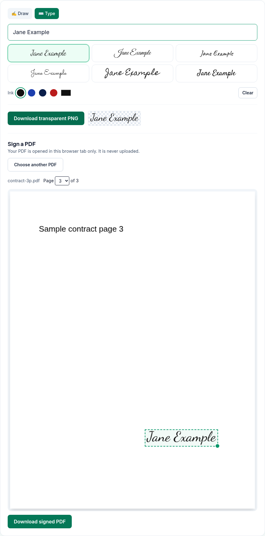 PDFWrangle Sign PDF with the typed signature "Jane Example", contract-3p.pdf open on page 3 of 3, the dashed signature box in the lower right and the "Download signed PDF" button