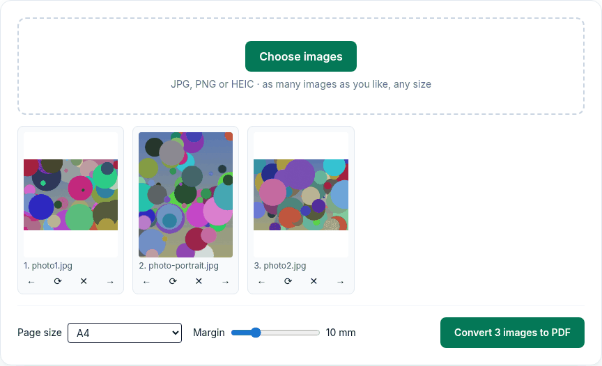 Three photos in the Image to PDF tool, one portrait and two landscape, with Page size A4 and a 10 mm margin