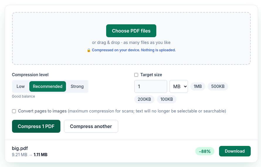 PDFWrangle Compress PDF after compressing big.pdf: 9.21 MB → 1.11 MB, -88%, Recommended level