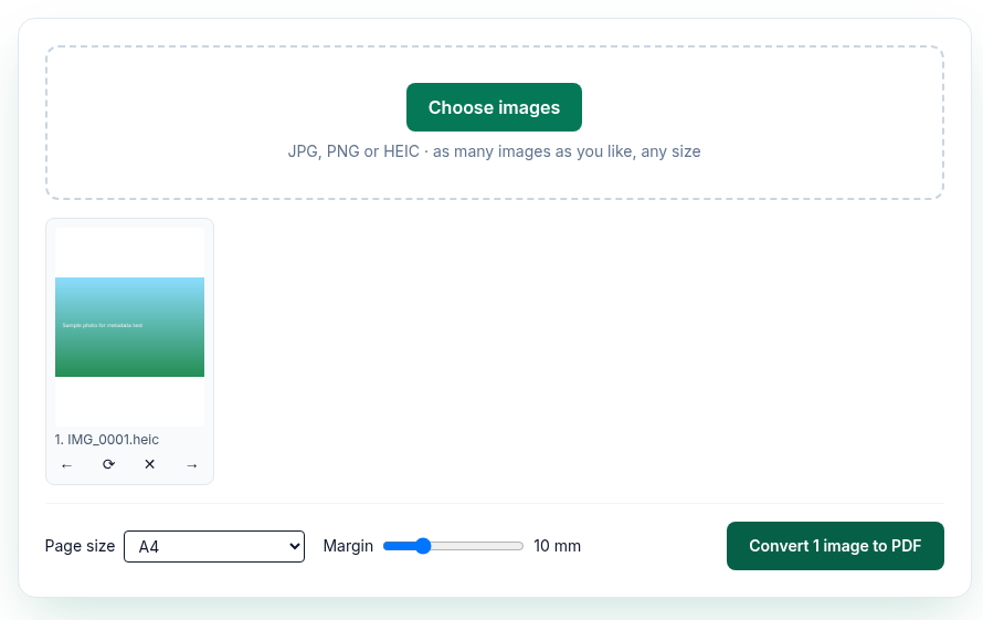 PDFWrangle HEIC to PDF with IMG_0001.heic loaded, page size A4, margin 10 mm and the "Convert 1 image to PDF" button
