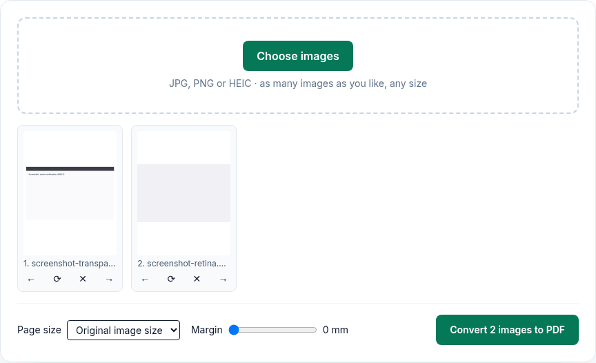 Two screenshots in Image to PDF with Page size set to Original image size and Margin set to 0 mm