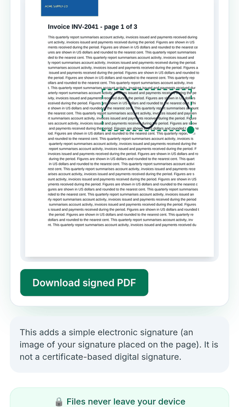 The signature placed on page 1 of an invoice in a phone-sized browser, with a dashed frame and a round resize handle, above the Download signed PDF button