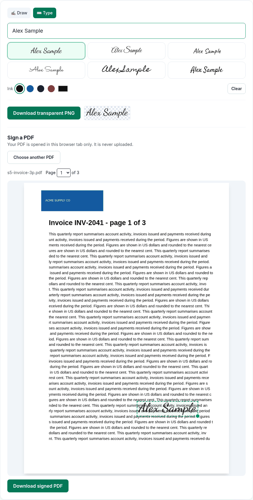 A typed signature placed near the bottom of an invoice page in the Sign PDF tool, with the six font choices above