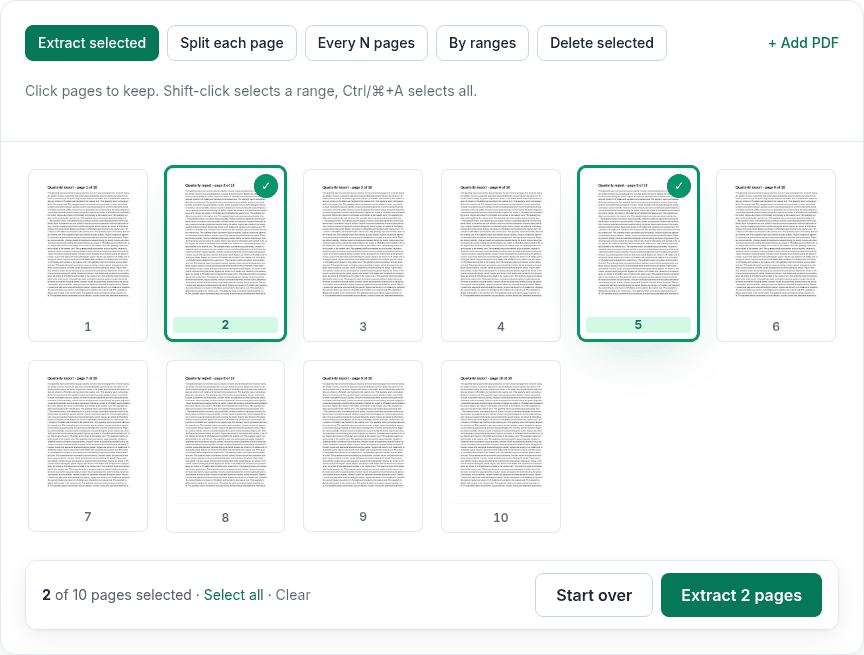 Split PDF in Extract selected mode with two page thumbnails highlighted